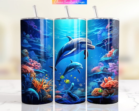 Dolphin Tumbler Wrap PNG, 20oz Skinny Tumbler Sublimation Background, Underwater Dolphins Tumbler Design, Aquatic Tumbler Wrap Design PNG
