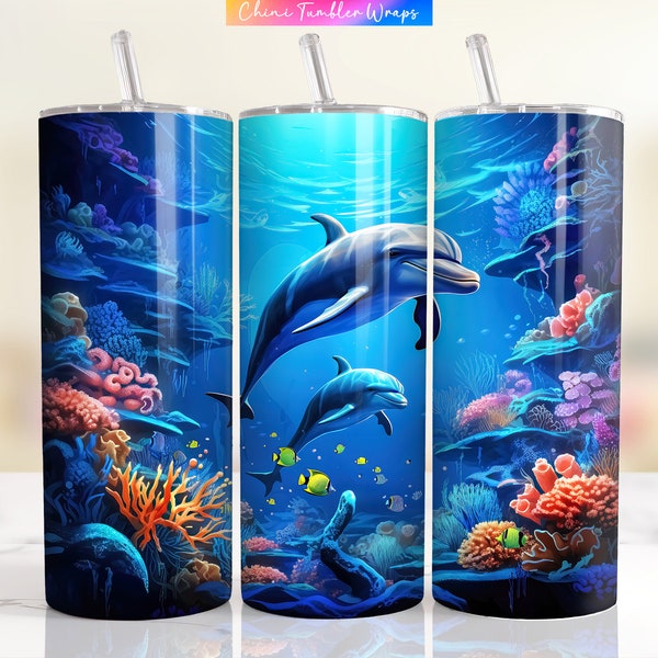 Dolphin Tumbler Wrap PNG, 20oz Skinny Tumbler Sublimation Background, Underwater Dolphins Tumbler Design, Aquatic Tumbler Wrap Design PNG