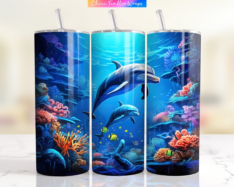 Opakowanie na kubek z delfinem PNG, 20oz Skinny Tumbler Sublimacja Tło, Podwodny Delfin Tumbler Design, Wodny Tumbler Wrap Design PNG zdjęcie 1