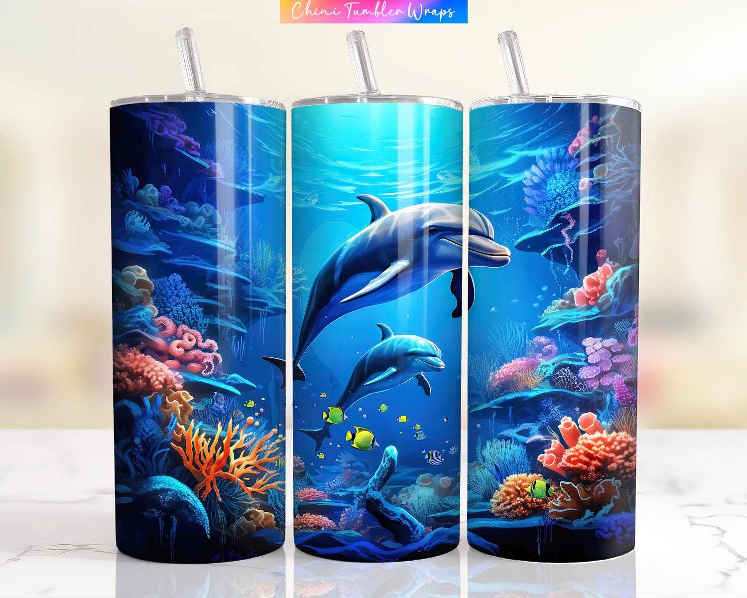 Envoltura de vaso con delfines PNG, fondo de sublimación para vaso delgado de 20 oz, diseño de vaso con delfines submarinos, diseño de envoltura de vaso acuático PNG