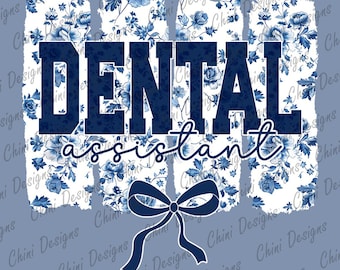 Chinoiserie Zahnarzthelferin PNG, Koquette Bogen Zahnarzthelferin PNG, Pinselstriche Denim DTF, Florales Zahnarzt-T-Shirt Design, Sublimationsdesign