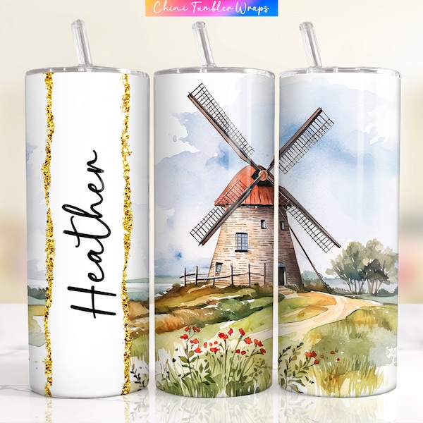 Custom Name Tumbler Wrap, Countryside Windmill Tumbler Wrap PNG, Personalized Name Design, Country Landscape Sublimation Tumbler Design PNG