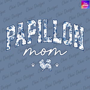 Floral Papillon Mom PNG, Chinoiserie Papillon Mom Design, Papillon Dog Mom, blauwe bloemen T-shirtontwerp, sublimatieontwerp, stickerontwerp
