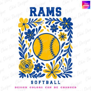 Floral Rams PNG, Blue Yellow Softball Rams Design, School Team Mascot Rams, Soft Ball Game Day Tshirt Designs Png, Sports Sublimation Design