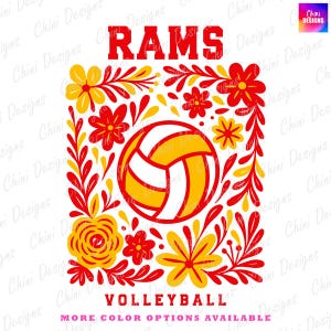 Floral Rams PNG, Red Yellow Volleyball Rams Design, School Team Mascot Rams, Game Day Tshirt Designs Png, Sublimation Design, Sports Team