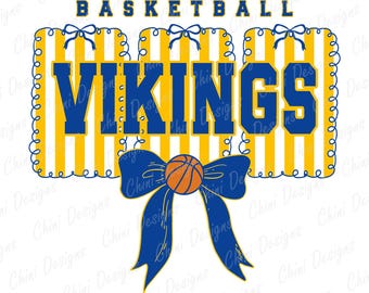 Preppy Vikings PNG, Blue Yellow Basketball Team Mascot, Coquette Vikings Game Day Sublimation Tshirt Design