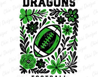 Floral Dragons PNG, zwart groen voetbalteam mascotte, Dragons Game Day sublimatie tshirt ontwerp