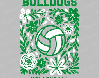 Floral Bulldogs PNG, Green White Volleyball Team Mascot, Bulldogs Game Day Sublimation Tshirt Design