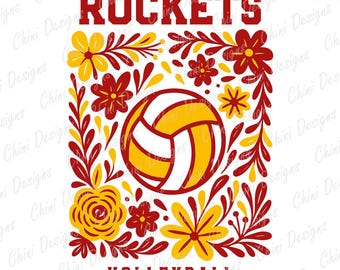 Floral Rockets PNG, Red Yellow Volleyball Team Mascot, Rockets Game Day Sublimation Tshirt Design