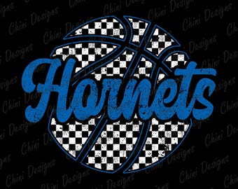 Basketball Hornets PNG, Checkered Sports Team Mascot, Retro Blue Hornets Game Day Sublimation Tshirt Design