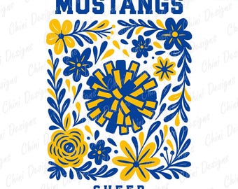 Mustangs florales PNG, diseño de Mustangs de animadoras azul y amarillo, Mustangs de mascota de equipo escolar, diseño de camiseta de sublimación con pompón GameDay, equipo deportivo
