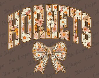 Floral Hornets PNG, Boho Sports Team Mascot, Retro Hornets Game Day Sublimation Tshirt Design
