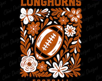 Floral Longhorns PNG, Black Burnt Orange Football Team Mascot, Longhorns Game Day Sublimation Tshirt Design