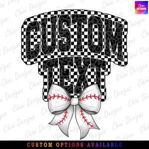 Baseball benutzerdefinierter Name PNG, Kariertes Team Design, Kokette Schleife Baseball Maskottchen PNG, Retro Sport-Shirt Design personalisierter Sublimationsentwurf