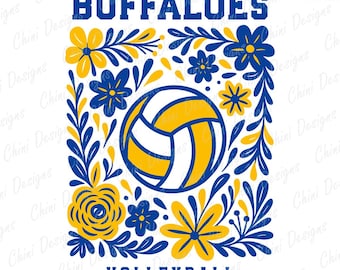 Floral Buffaloes PNG, Blue Yellow Volleyball Buffaloes Design, School Team Mascot Buffaloes, Game Day Sublimation Tshirt Design, Sports Team