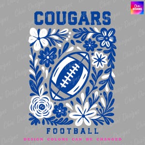 Floral Cougars PNG, School Team Mascot Cougars Design, White Blue Football Cougars, Game Day Tshirt Design, Sublimation Design Sports Team