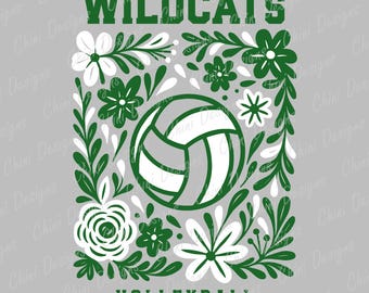Floral Wildcats PNG, Green White Volleyball Team Mascot, Wildcats Game Day Sublimation Tshirt Design