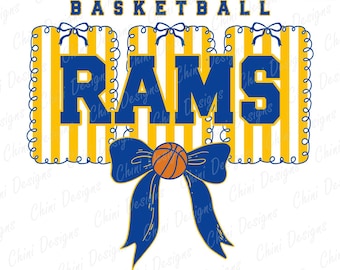 Preppy Rams PNG, Blue Yellow Basketball Team Mascot, Coquette Rams Game Day Sublimation Tshirt Design