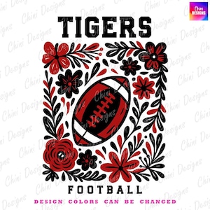 Floral Tigers PNG, School Team Mascot Tigers Design, Black Red Football Tigers, Game Day Tshirt Design, Sublimation Design Sports Team Png