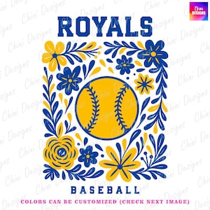 Floral Royals PNG, Blue Yellow Baseball Royals Design, School Team Mascot Royals, Base Ball Game Day Tshirt Design, Sublimation Designs Png