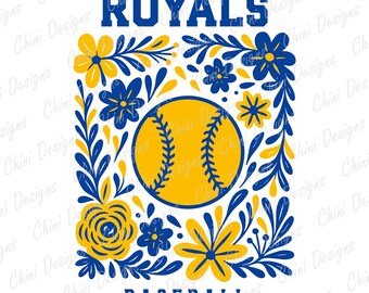 Floral Royals PNG, Blue Yellow Baseball Royals Design, School Team Mascot Royals, Base Ball Game Day Tshirt Design, Sublimation Designs Png