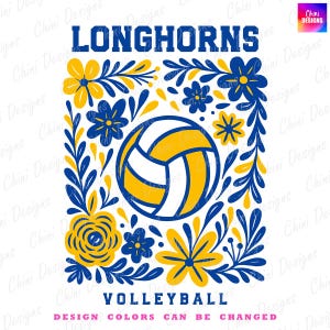 Floral Longhorns PNG, Blue Yellow Volleyball Longhorns Design, School Team Mascot Longhorns, Game Day Sublimation Tshirt Design, Sports Team