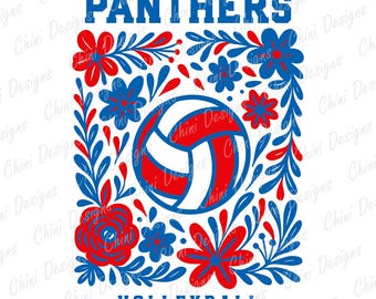 Floral Panthers PNG, Blue Red Volleyball Team Mascot, Panthers Game Day Sublimation Tshirt Design