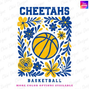 Floral Cheetahs PNG, Blue Yellow Basketball Cheetahs Design, School Team Mascot Cheetahs, Game Day Sublimation Tshirt Design, Sports Team