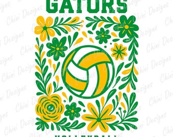 Floral Gators PNG, Green Yellow Volleyball Team Mascot, Gators Game Day Sublimation Tshirt Design