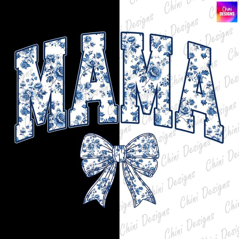 Puede incluir: Un fondo blanco con la palabra "MAMA" en letras azules con un patr&oacute;n floral azul y blanco. Un lazo floral azul y blanco est&aacute; debajo de la palabra.