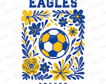 Águilas florales PNG, diseño de águilas de fútbol azul y amarillo, águilas de mascota de equipo escolar, diseño de camiseta para el día del juego PNG, diseño de sublimación, equipo deportivo
