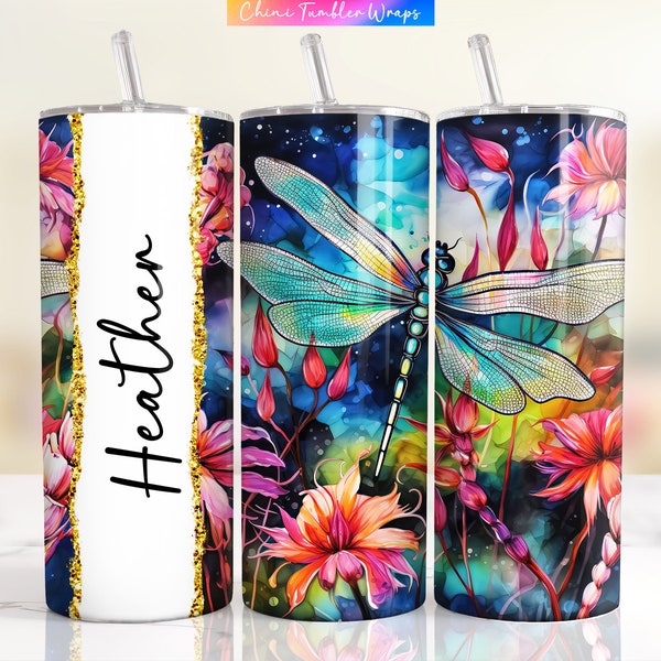 Add your Name Tumbler Wrap, Vibrant Dragonfly Tumbler PNG, Personalized Tumbler Designs, Floral Custom Tumbler Spring, Neon Dragonfly Wraps