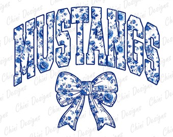 Mustangs florales PNG, mascota del equipo deportivo azul chinoiserie, diseño de camiseta de sublimación para el día del partido de los Mustangs de tela