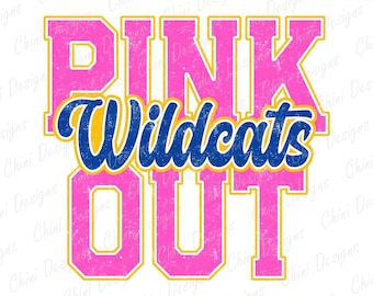 Pink Out Wildcats PNG, School Team Mascot Wildcats Design, Blue Yellow Preppy Wildcats, Breast Cancer Awareness Sublimation Shirt Design Png