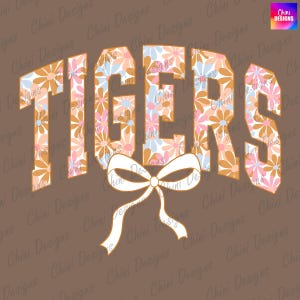 Floral Tigers PNG, School Team Mascot Tigers Design, Pastel Coquette Tigers, Game Day Tshirt Design, Sublimation Design, Sports Team Cheer