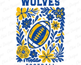 Blumenwölfe PNG, Schulteam Maskottchen Wölfe Design, Blaue Gelbe Fußball Wölfe, Spieltag T-Shirt Design, Sublimationsdesign Sportmannschaft Png