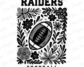 Floral Raiders PNG, School Team Mascot Raiders Design, Black Grey Football Raiders, Game Day Tshirt Design, Sublimation Design Sports Team