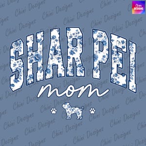 Blumen-Shar-Pei-Mama PNG, Chinoiserie-Shar-Pei-Mama-Design, Shar-Pei-Hundemama, blaues Blumen-T-Shirt-Design, Sublimationsdesign, Aufkleber-Design