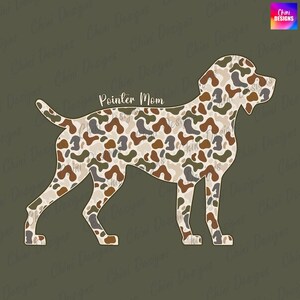 May include: A Pointer dog silhouette with a camouflage pattern in brown, beige, and green. The text "Pointer Mom" is above the dog. The background is olive green. The design is on a solid background.