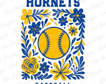 Floral Hornets PNG, Blue Yellow Baseball Hornets Design, School Team Mascot Hornets, Base Ball Game Day Tshirt Design, Sublimation Designs