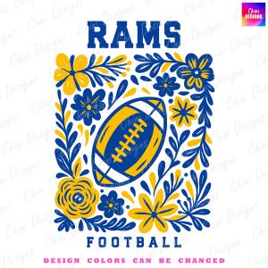 Floral Rams PNG, School Team Mascot Rams Design, Blue Yellow Football Rams, Game Day Tshirt Design, Sublimation Design Cheer Sports Team Png