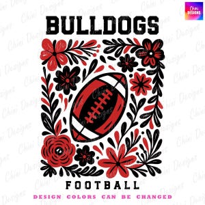 Floral Bulldogs PNG, School Team Mascot Bulldogs Design, Black Red Football Bulldogs, Game Day Sublimation Tshirt Design, Sports Team Png