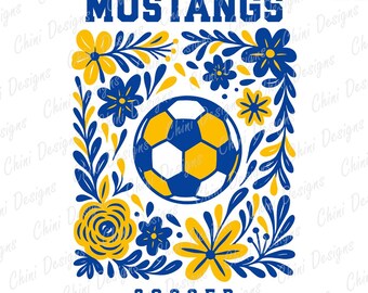 Mustangs florales PNG, diseño de Mustangs de fútbol azul y amarillo, diseño de camiseta para el día del partido de los Mustangs, mascota del equipo escolar, diseño de sublimación, equipo deportivo