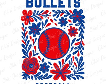 Floral Bullets PNG, Blue Red Softball Team Mascot, Bullets Game Day Sublimation Tshirt Design