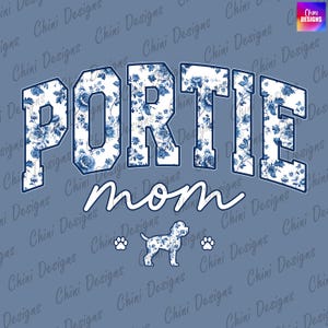 Portie Mom bloemen, chinoiserie Portugees Water Mom-ontwerp, Portie Dog Mom, blauw shirtontwerp met bloemen, sublimatieontwerp, stickerontwerp