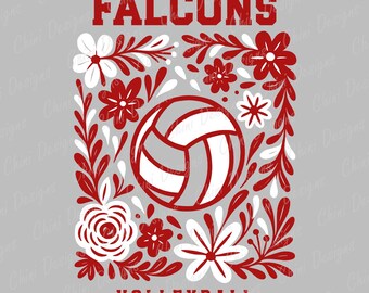 Floral Falcons PNG, Maroon White Volleyball Team Mascot, Falcons Game Day Sublimation Tshirt Design