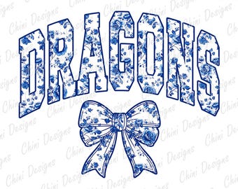 Floral Dragons PNG, blauwe chinoiserie Sports Team-mascotte, Toile Dragons Game Day-sublimatie T-shirtontwerp