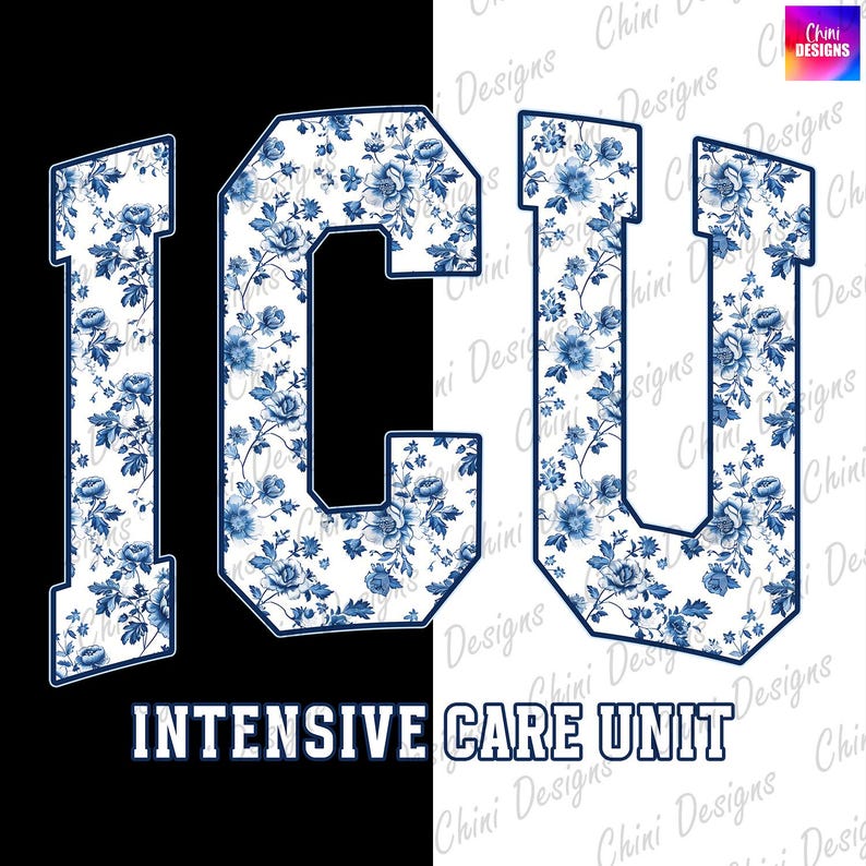 Floral ICU PNG, Chinoiserie ICU Nurse Png, Blue Icu Dtf, Icu Tshirt ...