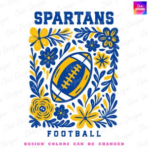 Floral Spartans PNG, School Team Mascot Spartans Design, Blue Yellow Football Spartans, Game Day Sublimation Tshirt Design, Sports Team Png