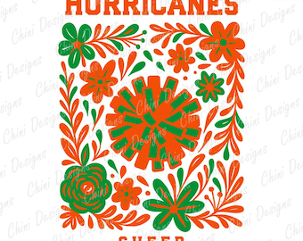 Floral Hurricanes PNG, Orange Green PomPom Cheer Team Mascot, Hurricanes Game Day Sublimation Tshirt Design